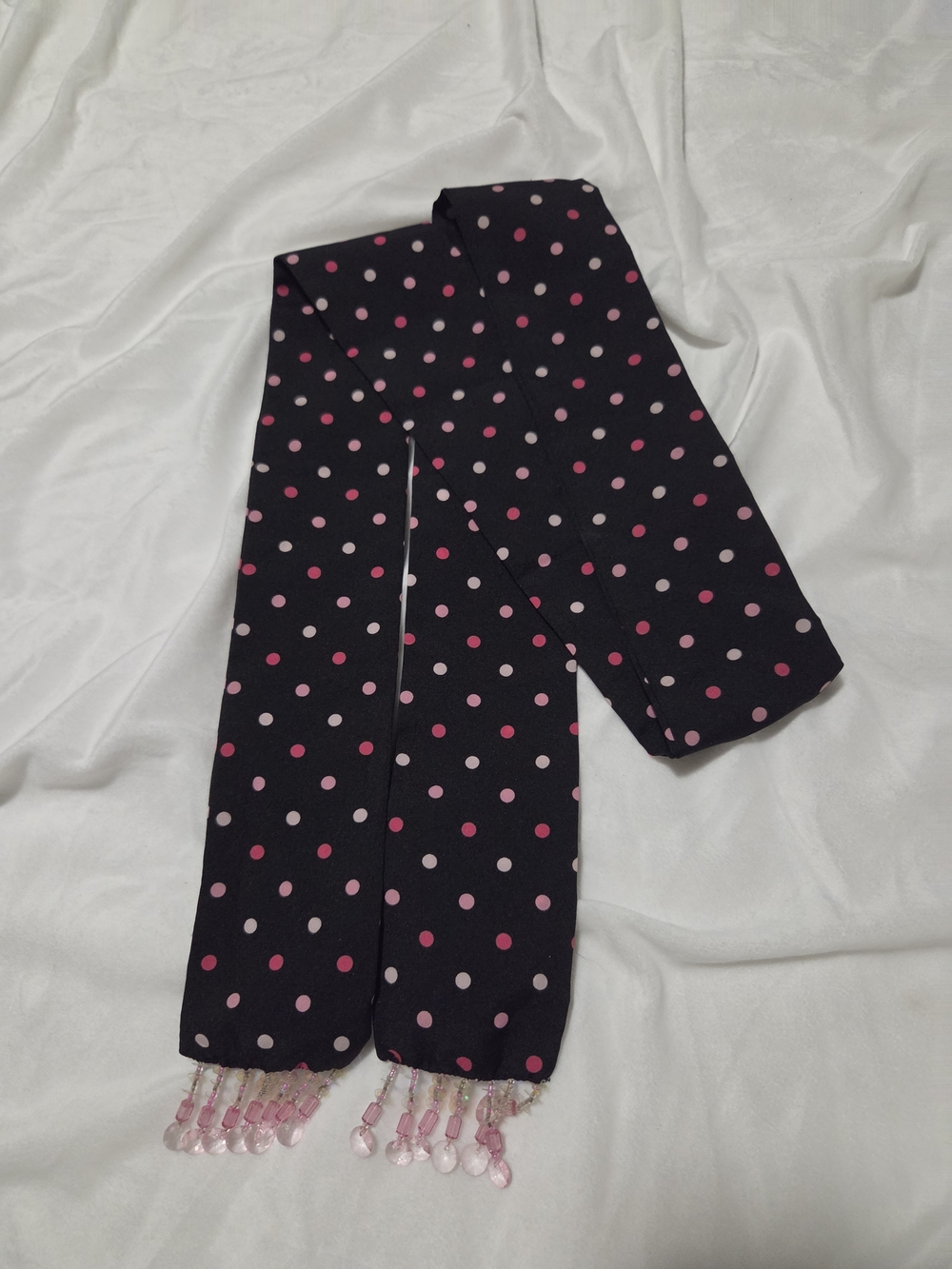Black Scarf with Pink Polka Dots and Beaded Tassels